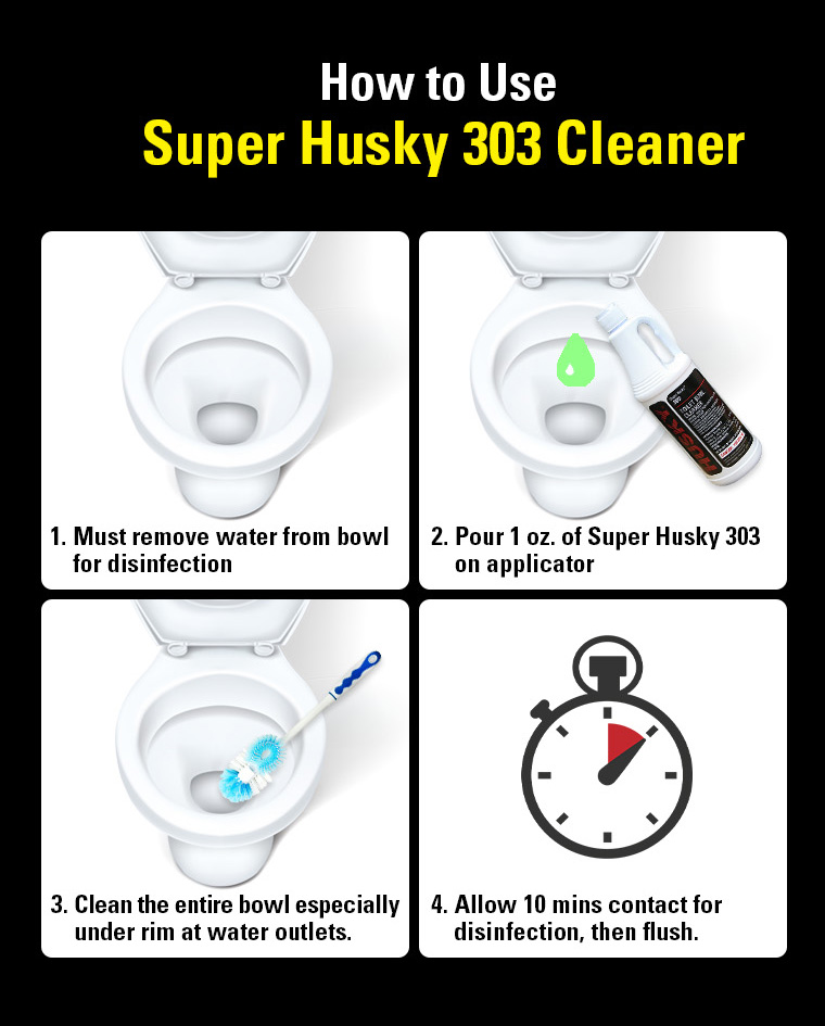 super husky 303, remove water, pour 1oz, clean bowl, allow 10mins, flush.